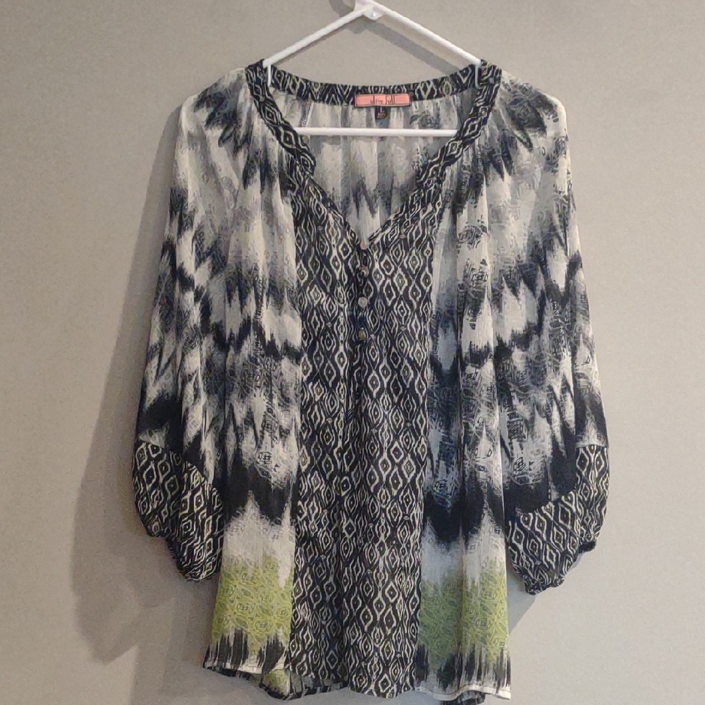 Olive Hill Women's Large‎ Long Sleeve Sheer Black and Green Patterned Blouse